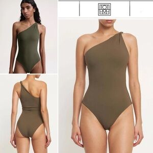 TOTEME Khaki Twist One-Piece One Shoulder Swimsuit Sz S NWT